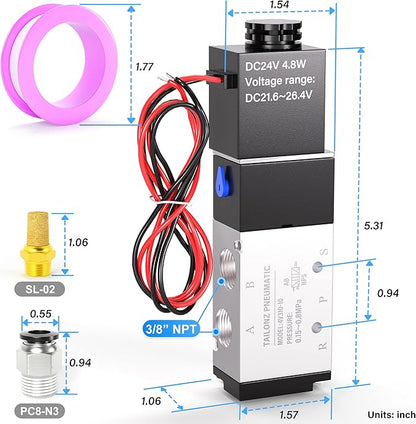 TAILONZ PNEUMATIC 3/8"NPT 24V Solenoid Valve 4V310-10 12V/24V/110V/220V Single Coil Pilot-Operated Electric 2 Position 5 Way Connection Type（Outlet wire）
