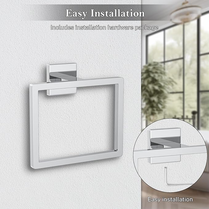 Polished Chrome Towel Ring Square Hand Towel Holder Towel Hanger Bathroom Hardware Accessories Stainless Steel Wall-Mounted Towel Rack
