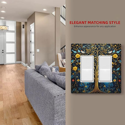 Gold Tree With Birds Flowers on Branches Dual Outlet Covers Wall Plate 2 Gang Rocker Decora Decorative Switchplate Electrical Faceplate GFCI Light Switch Covers for Farmhouse Living Decor