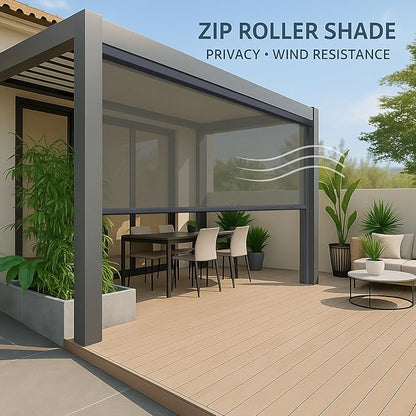ZSHINE Hard-Wired Outdoor Snow Blocking Weatherproof Motorized Patio Roller Shades Remote Control for Porch Balcony Customized Size (Light Grey 30% Openness)