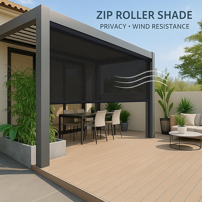ZSHINE Hard-Wired Outdoor Snow Blocking Weatherproof Motorized Patio Roller Shades Remote Control for Porch Balcony Customized Size (Black 10% Openness)