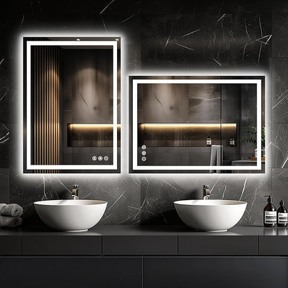 LED Bathroom Mirror, 28"x20" with Frontlit and Backlit Anti-Fog Mirror with Lights LED Vanity Mirror for Bathroom 3 Colors Temperature & Dimmable Bathroom Mirror with HD Tempered Glass