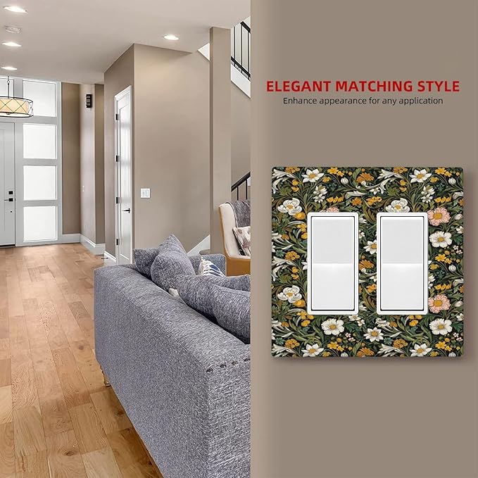 Decorative Outlet Covers Rustic Green Leaf White Daisy Yellow Floral 2 Gang Light Switch Cover Plate Double Rocker Wall Plate Switch Plate Covers Faceplate for Bedroom Home Decor