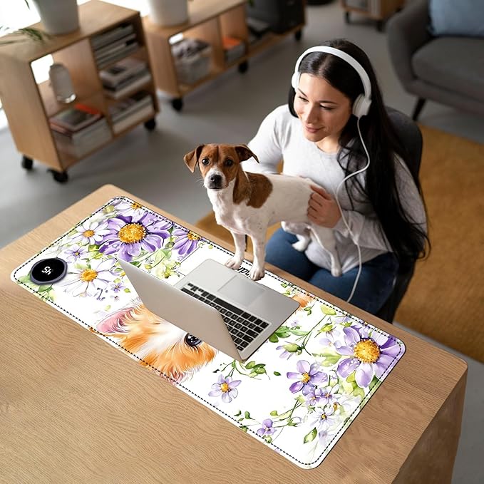 Heated Mouse Pad with 3 Temperature Settings(104°F–122°F),Large 31.5x13 Inch PU Leather Heated Desk Mat,Waterproof Warming Pad for Office,Gaming & Cold Hands Relief,Cute Cat Flower