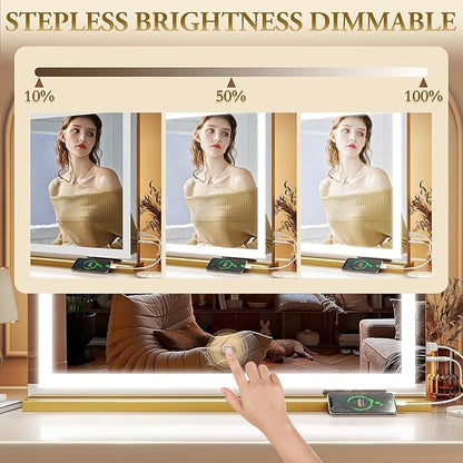 ROLOVE Vanity Mirror with Lights, 32" x 22" Large Lighted Vanity Mirror with Dimmable 3 Modes, LED Makeup Mirror, 10X Magnification, USB Charging Port, Tabletop or Wall-Mounted Square Gold