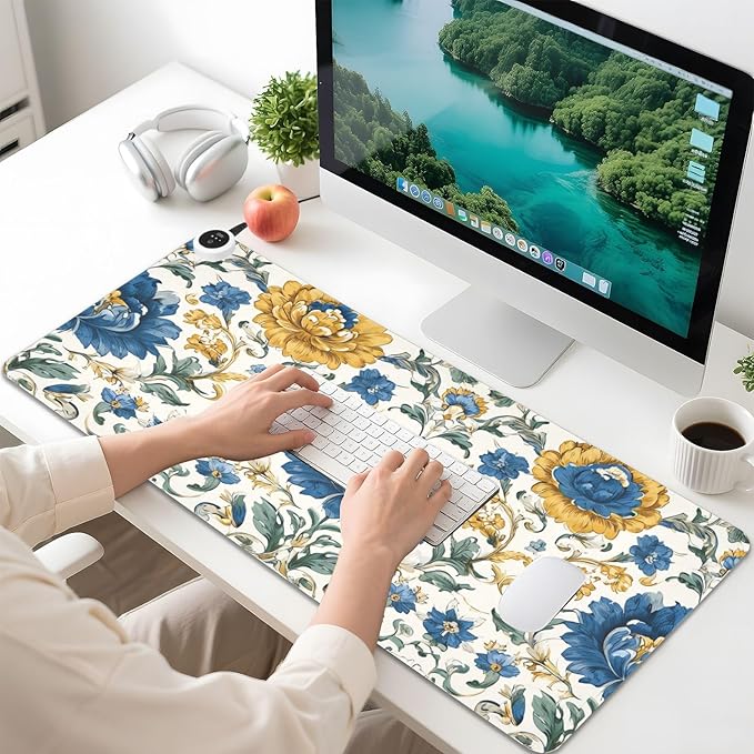 Heated Desk Pad Mouse Pad 31.5x13 Inch PU Leather Desk Mat with 3 Heat Levels Large Mouse Gaming Computer Laptop Mat Royal Floral Blue and Yellow Tile