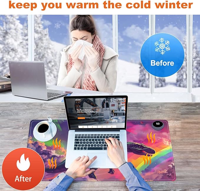 Small Heated Desk Pad 23.6" x 14.2" – Compact Electric Mouse Pad with 3 Heating Levels, Auto Shut-Off, Waterproof PU Surface, Plug-in Warmer for Office or Home Use, Astronaut on Dinosaur