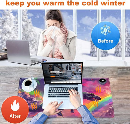 Small Heated Desk Pad 23.6" x 14.2" – Compact Electric Mouse Pad with 3 Heating Levels, Auto Shut-Off, Waterproof PU Surface, Plug-in Warmer for Office or Home Use, Astronaut on Dinosaur