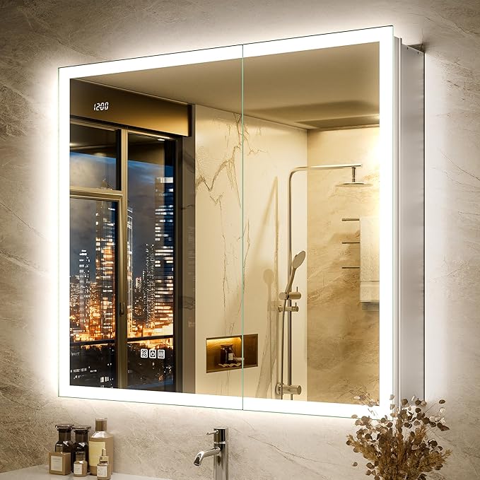 36x30 LED Medicine Cabinet Mirror with Double Lights-Front & Backlit, 155°Soft-close Hinge, Surface or Recessed Dimmable Lighted Medicine Cabinet Mirror with Clock Outlet Inner Light,Anti-fog