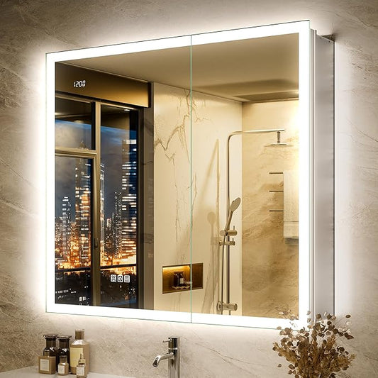 36x30 LED Medicine Cabinet Mirror with Double Lights-Front & Backlit, 155°Soft-close Hinge, Surface or Recessed Dimmable Lighted Medicine Cabinet Mirror with Clock Outlet Inner Light,Anti-fog