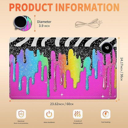 Heated Mouse Pad, Warm Desk Pad, Keyboard Mat 23.6 x 14 Inch Large Size Intelligent Fast Heating, 3 Speed Adjustable, Timed Auto Power Off for Game Office Home, Rainbow Ice Crea