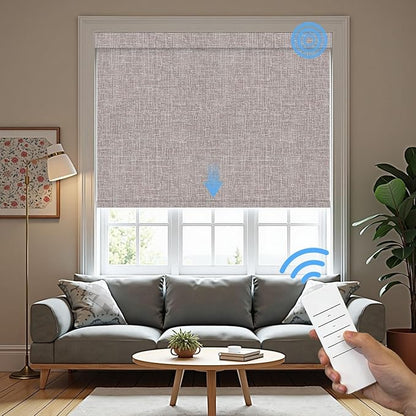 Motorized Roller Blinds with Remote, 100% Blackout Automatic Roller Shades for Bedroom, Bathroom, and Living Room, Customized Size, Cloud Shadow Brown