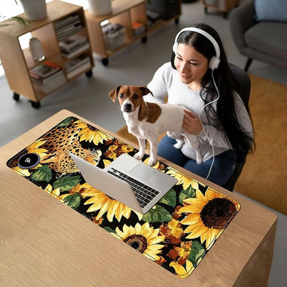 Heated Mouse Pad with 3 Temperature Settings(104°F–122°F),Large 31.5x13 Inch PU Leather Heated Desk Mat,Waterproof Warming Pad for Office,Gaming & Cold Hands Relief,Sunflowers Leopard Print