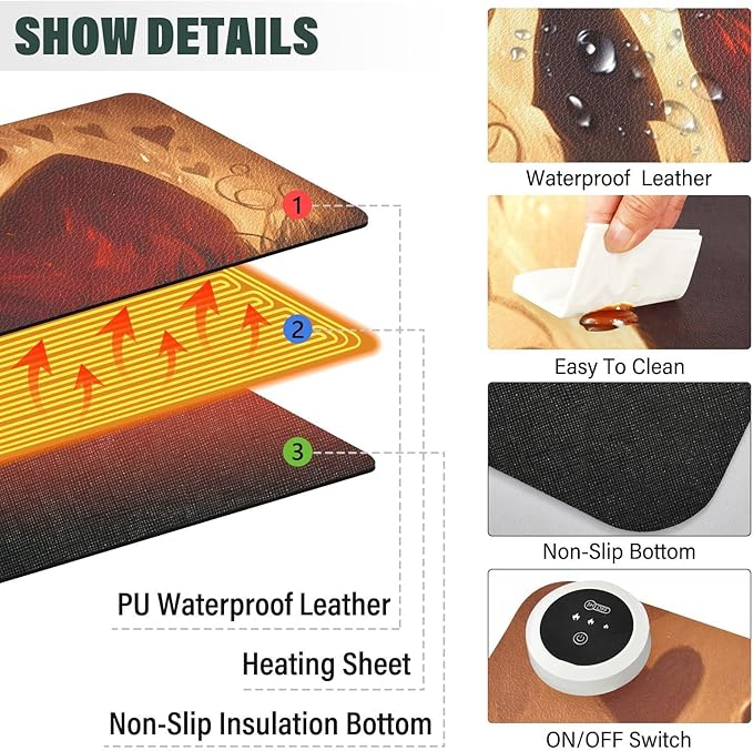Large Heated Mouse Pad,Leather Desk Mat,31.5"x13",Hand Warmer Pads for Desk,Love(Brown)