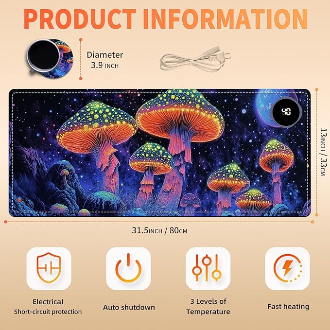 Heated Mouse Pad 31.5x13 in 3-Temp Fast Heating Desk Mat with Auto Timer Warmer for Hands Wrist Pain Relief Waterproof Keyboard Mat for Office, Gaming, Home, Mushroom Galaxy Art