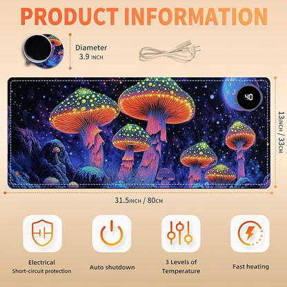 Heated Mouse Pad 31.5x13 in 3-Temp Fast Heating Desk Mat with Auto Timer Warmer for Hands Wrist Pain Relief Waterproof Keyboard Mat for Office, Gaming, Home, Mushroom Galaxy Art