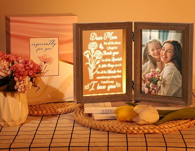Mom Gifts from Daughters Son Unique Christmas Gifts for Mom, Engraved Night Light with Mommy Picture Frame 5x7 Solid Wood, Mother-in-Law Gift from Daughter-in-Law, Birthday New Mama Gift for Women
