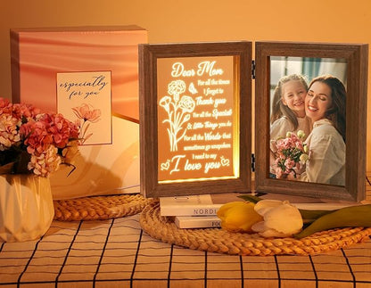 Mom Gifts from Daughters Son Unique Christmas Gifts for Mom, Engraved Night Light with Mommy Picture Frame 5x7 Solid Wood, Mother-in-Law Gift from Daughter-in-Law, Birthday New Mama Gift for Women