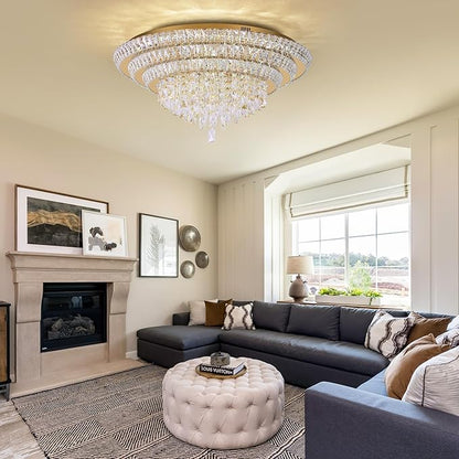 30 inch Flush Mount Crystal Chandeliers with Remote and APP Gold, Modern Elegant LED Crystal Raindrop Ceiling Light Fixture, 3CCT Dimmable, for Living Room Kitchen Island Bedroom Entryway Foyer