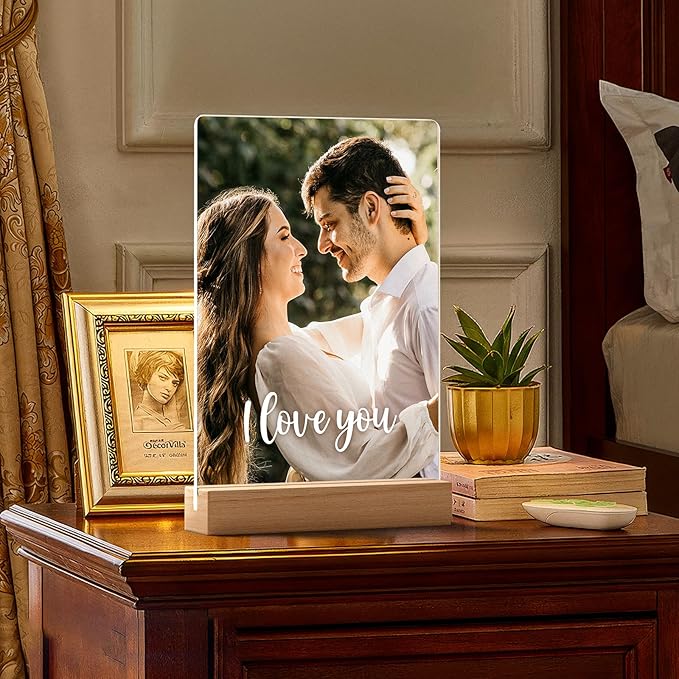 Custom Picture Frames with Photo, Personalized Photo Frame with Night Light, Customized Picture Frame, Personalized Anniversary Valentines Day Gifts for Women Men Girlfriend Boyfriend Her Him