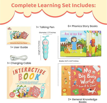 QuTZ Talking Pen Book Set, Learn to Read Sound Books, 8 Tap to Read Audio Books, 600+ Words & Fun Facts, 6 Phonics Story Telling Books, 700+ Interactive Games, Eletronic Educational Toy for Kids 3+