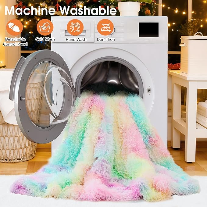 Heated Electric Blanket Queen,Warm Winter Birthday Gifts for Women Her Grandma–Faux Fur with Soft Sherpa,10 Heat Settings,5 Time Settings with Fast Heating, 84x90, Rainbow