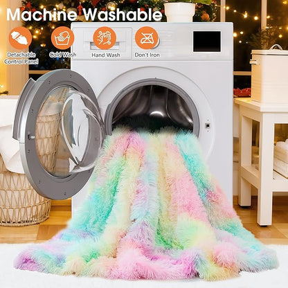 Heated Electric Blanket Queen,Warm Winter Birthday Gifts for Women Her Grandma–Faux Fur with Soft Sherpa,10 Heat Settings,5 Time Settings with Fast Heating, 84x90, Rainbow