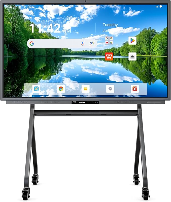 Shiarffe R9 Smart Board with Stand 4K Interactive Whiteboard EDLA-Certified All-in-One Touchscreen Digital Display Built-in 50MP AI Camera Mics and 60W Speaker for Classrom Hybrid Work