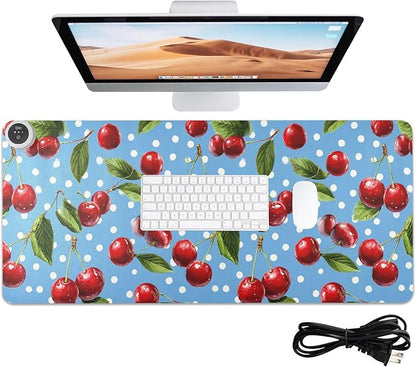 Heated Desk Pad Mouse Pad 31.5x13 Inch PU Leather Desk Mat with 3 Heat Levels Large Mouse Gaming Computer Laptop Mat Blue Dots Red Cherry
