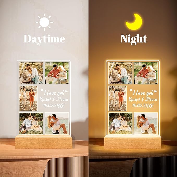 Custom Picture Frame with Photo, Customized Photo Frame with Night Light, Personalized Boyfriend Girlfriend Gifts for Couples, Personalized Anniversary Valentines Day Gifts for Women Men Her Him Wife