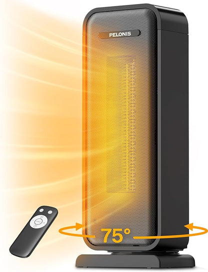 Pelonis 1500w Electric Space Heater for Indoor Use with Thermostat, Oscillation and Remote – Portable Ceramic Heater for Bedroom, Home and for Office Under Desk