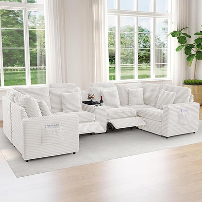 LEVNARY 6-Seat U Shaped Modular Sectional Sofa with Power Recliners, Faux Rabbit Fur Upholstery, Storage Console with Charging Ports & Cup Holders, Living Room Couch Set for Home Office (White)