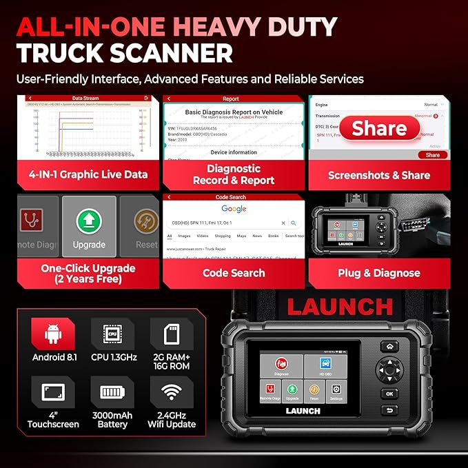 Launch CRP129 HD Heavy Duty Truck Scanner, 2026 Full System Diesel Scanner with Speed Limit Adjust Reset, D.P.F Regen, Oil Reset for Commercial Vehicles, Cummins, Detroit, International Paccar