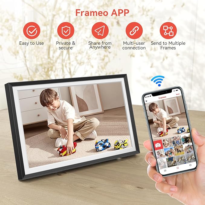 Frameo 10.1 inch Digital Picture Frame, Smart WiFi Digital Photo Frame with 32G Memory, HD Touch Screen, Auto-Rotate, Slideshow, Easy Setup, Share Photos and Videos Anywhere(Black)