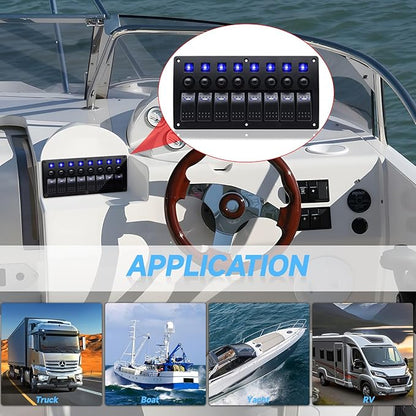 8 Gang Marine Switch Panel, Boat Rocker Switch Panel Waterproof, 12V Aluminum Switch Panel, Marine Toggle Switches ON/Off with Circuit Breaker 5A 10A 15A for Car RV Truck (Blue)