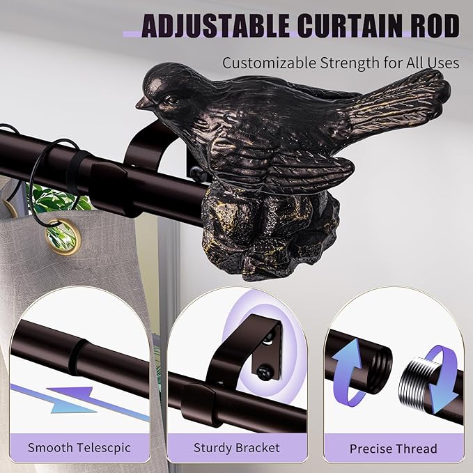 Curtain Rod 36 to 168 Inches Vintage Oil Bronze Curtain Rods for Windows Adjustable Drapery Rod with Bird Finials Heavy Duty Window Brown Curtains Rods for Living Room Bedroom