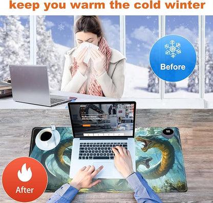 Small Heated Desk Pad 23.6" x 14.2" – Compact Electric Mouse Pad with 3 Heating Levels, Auto Shut-Off, Waterproof PU Surface, Plug-in Warmer for Office or Home Use, Serpent Beast