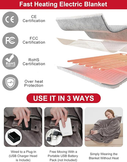 KFUBUO Heated Electric Wearable Blanket Throw Battery Operated Portable USB Cordless Outdoor Hoodie Sweatshirt