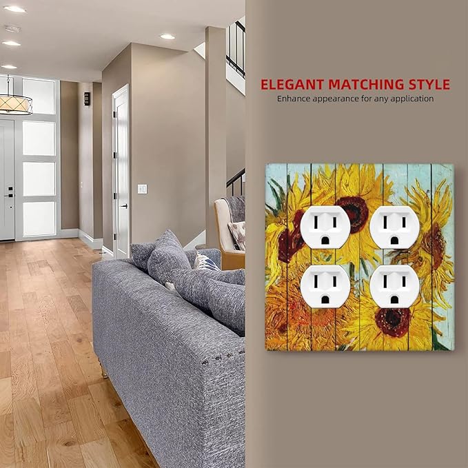Outlet Covers Sunflowers Oil Paintings Wood Floral 2 Gang Double Duplex Decorative Light Switch Covers Electrical Wallplates Socket Faceplate For Farmhouse Bed Room Decor