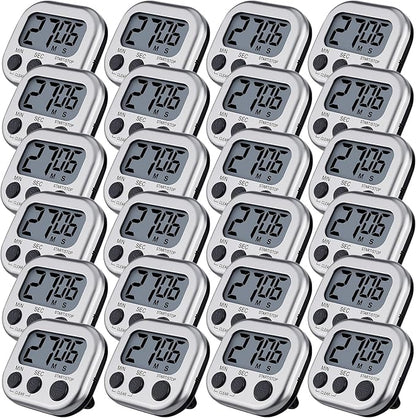 Leumoi 24 Pcs Digital Kitchen Timers Magnetic Back Timers Bulk Large Screen Loud Alarm On/Off Switch Minute Second Count up Countdown Memory Setting for Cooking Classroom Exercise (Sliver and Black)