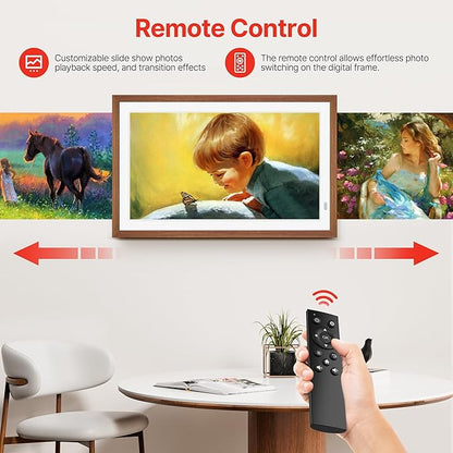 Uhale 21.5" Large Digital Picture Frame with Remote Control, 1920 x 1080 FHD IPS Display Wood WiFi Photo Frames 64GB, Wall Mounted, Auto Rotate, Support USB and SD Card, Instantly Share Photos Videos