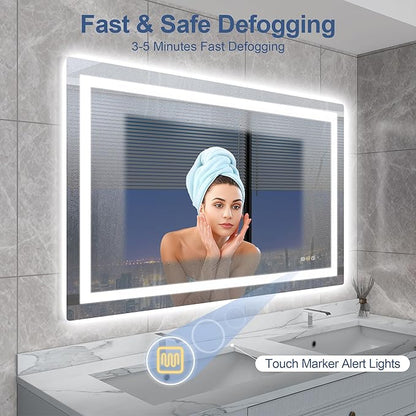 STARLEAD Led-Bathroom-Mirror-with-Lights, 59"x35" Wall-Mounted with 3 Colors Dimmable Light, Bluetooth Speaker, Anti-Fog, Memory, Tempered Glass, Front & Backlit (Horizontal/Vertical)