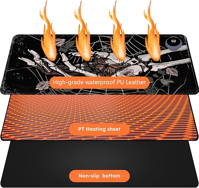 Heated Mouse Pad with 3 Levels Heated & 3 Hours Auto Shut-Off Mouse Pad for Warming Hands in Office Home, 23.6" x 14.2"Large Safe Desk Mat Hand Warmer，Skeleton Hand Spider Web