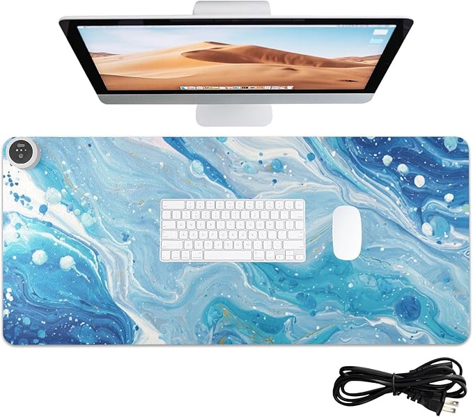 Heated Desk Pad Mouse Pad 31.5x13 Inch PU Leather Desk Mat with 3 Heat Levels Large Mouse Gaming Computer Laptop Mat Blue and White Marble Spots
