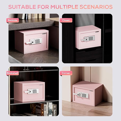 1.0 Cub Biometric Safe Box with Fireproof Bag, Quick-Access Fingerprint Safe with Keys, Digital Keyboard, Type-C Port, Dual Alarm System Safety Box for Home, Office, Hotel Use(Pink)