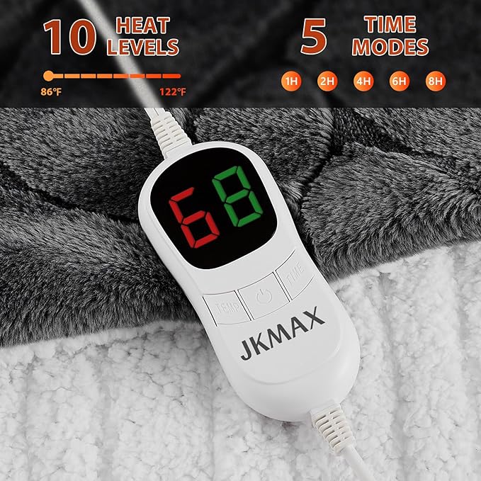 Heated Electric Blanket- Electric Throw Blanket 72"x84" for Bed- 5 Heating Levels& 4 Hours Auto Off for Couch Home Office - Soft Faux Fur Fabirc for Full Body(Grey)