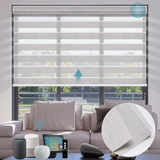 SmartWings Motorized Zebra Shades Compatible With HomeKit, Alexa SmartThings Google, Remote Control Light Filtering Sheer Shade, 50% Blackout Roller, Smart Home/Office, Light Grey, Customized