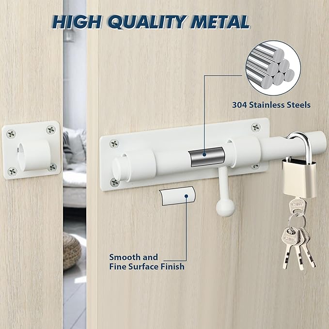 Alise 8 inch Barrel Bolt Latch,Slide Bolt Latch,Heavy Duty Solid SUS304 Stainless Steel Slide Lock for Wooden Fence,Barn Door,Interior or Outdoor Door White