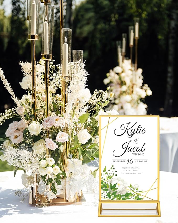 8 Pack 5x7 Gold Acrylic Sign Holders, Double Sided Picture Frame Stands Vertical, Clear Wedding Table Numbers Frames for Photo Display, Restaurant Menu, Flyers