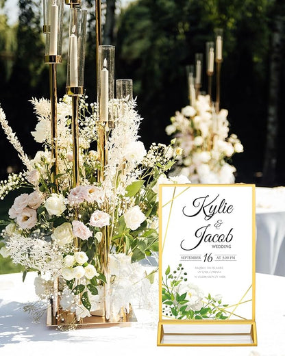 12 Pack Gold Acrylic Sign Holders 4x6, Double Sided Vertical Stand Clear Picture Frame Stands, Menu Flyer Holder for Wedding Table Numbers, Restaurant Signs, Party and Office Photos